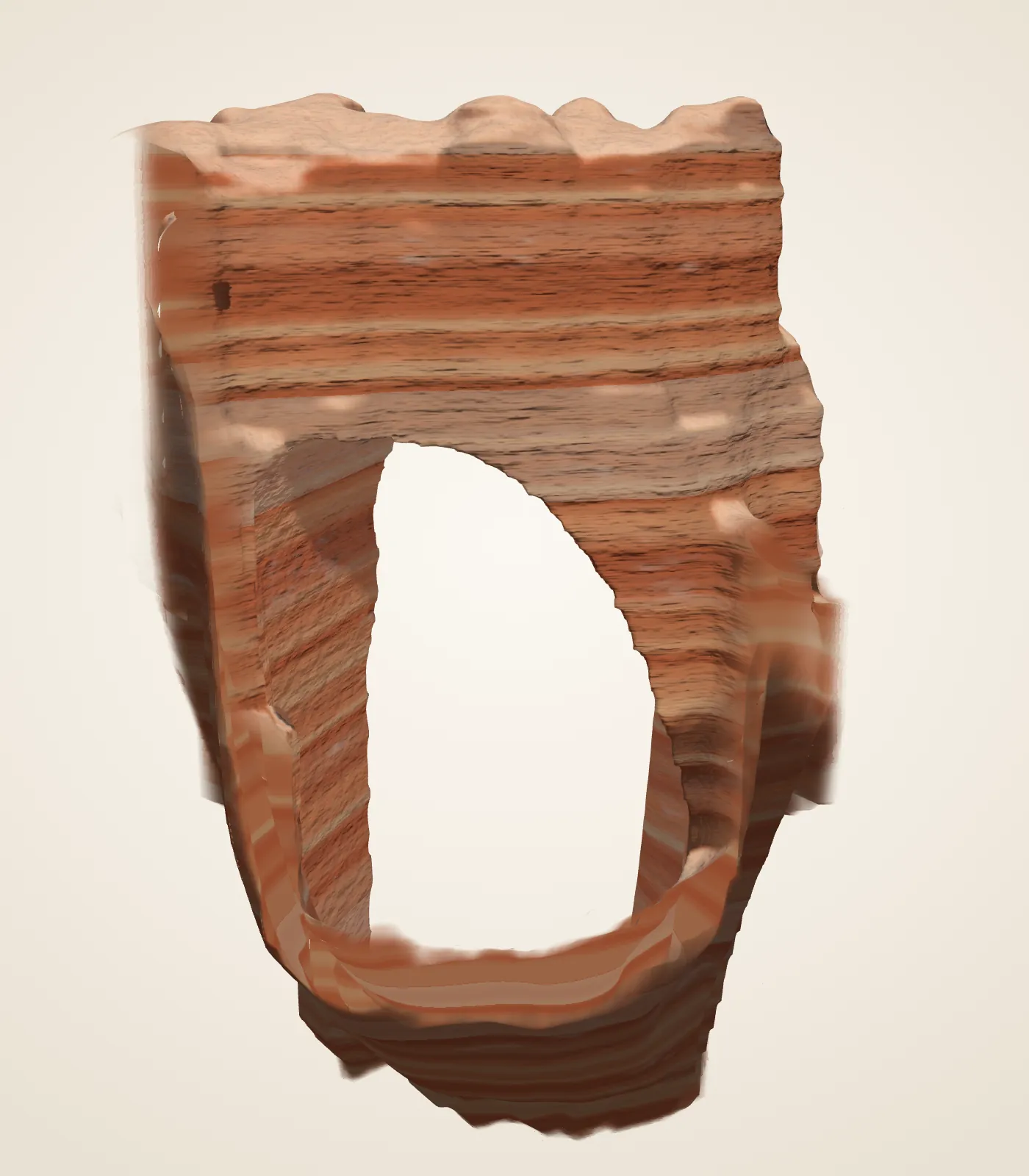 A 3D model of Natural Bridge seen from the overlook side: a thick orange span of layered rock over a tall opening, with a slim leg on the left and a massive one on the right.