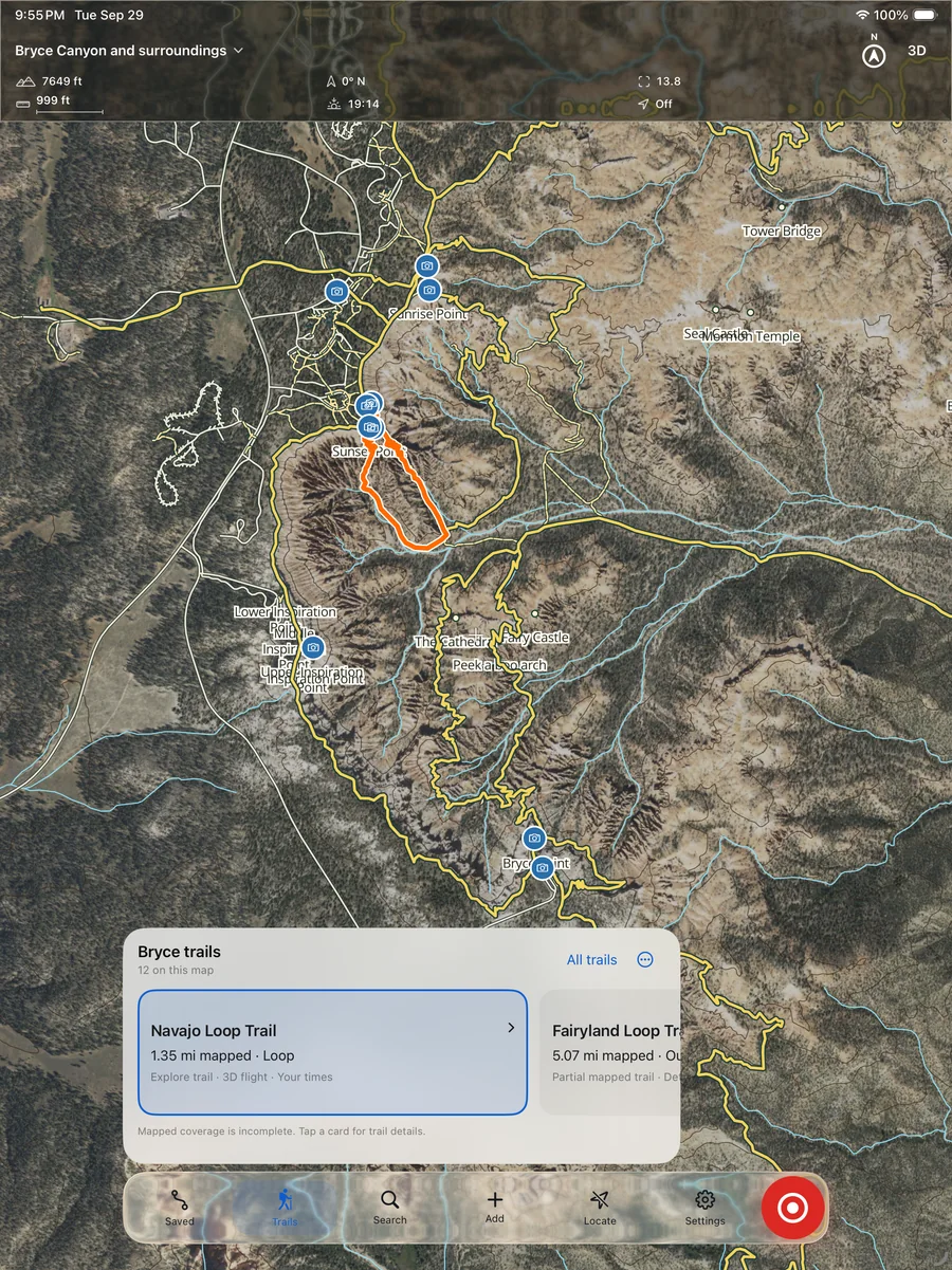 Hoodoo on iPad: an aerial map of the Bryce Amphitheater with the Navajo Loop outlined and trail cards along the bottom.