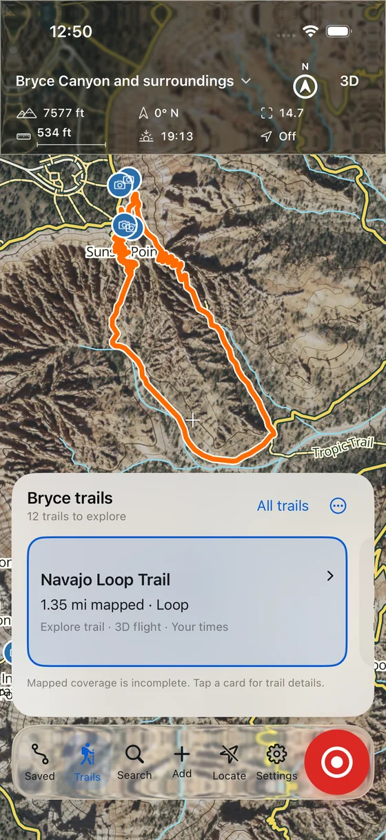 Hoodoo’s 3D map of the Bryce Amphitheater with the Navajo Loop Trail drawn in orange and a card listing Bryce trails.