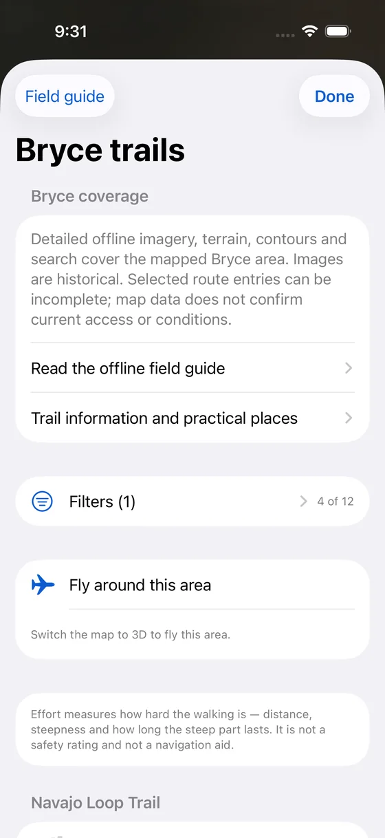 The Bryce trails list, with a note that route entries can be incomplete and map data does not confirm current access.