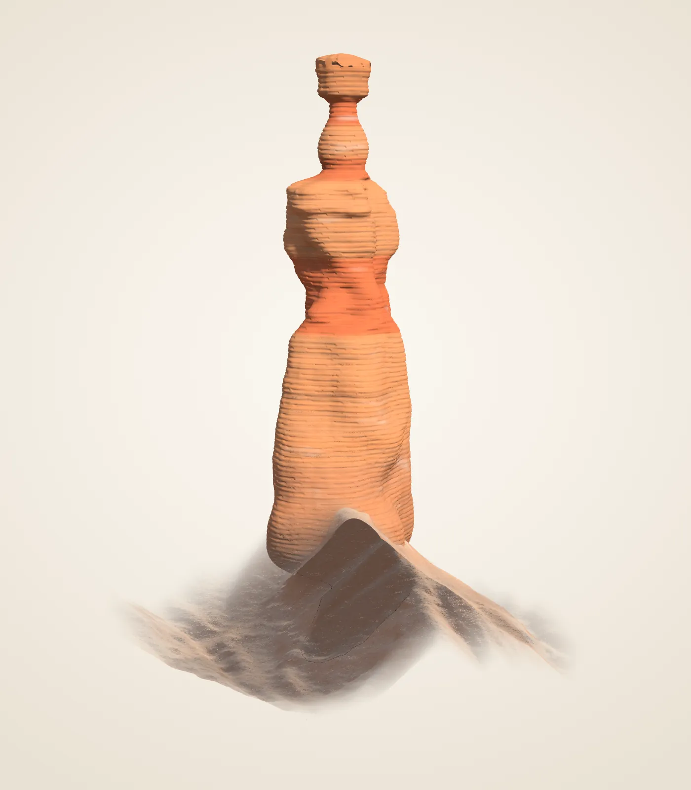 A 3D model of Thor’s Hammer on a block of the slope it stands on: a banded orange column narrows to a thin neck under a flat, overhanging cap.
